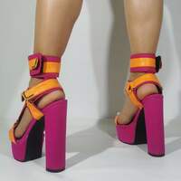 Newest Mixed Color Womens Square Heel Sandals Platform Metal Buckle Strap Dress Shoes Orange Pink White Gladiator Sandals Shoes - Thumbnail 3