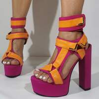 Newest Mixed Color Womens Square Heel Sandals Platform Metal Buckle Strap Dress Shoes Orange Pink White Gladiator Sandals Shoes - Thumbnail 2