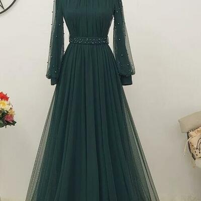 A line high neck long tulle pearls long sleeve muslim prom dresses - Thumbnail 1