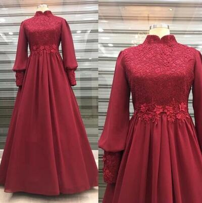 High Neck Long Sleeve A Line Chiffon Lace Appliques Prom Dresses 