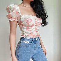 Square Collar Puff Sleeve Rose Flower Printed Top - Thumbnail 3
