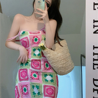 Pink Crochet Square Mini Dress - Thumbnail 1
