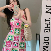 Pink Crochet Square Mini Dress - Thumbnail 5