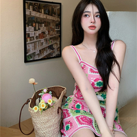 Pink Crochet Square Mini Dress - Thumbnail 6