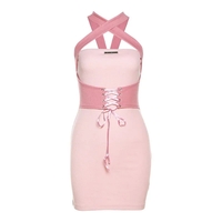 Pink Tie Up Corset Waist Bodycon Mini Dress - Thumbnail 8