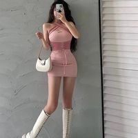 Pink Tie Up Corset Waist Bodycon Mini Dress - Thumbnail 6