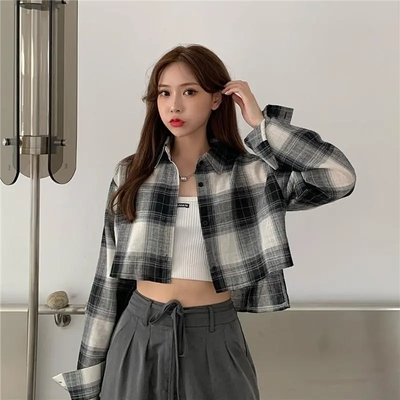Plaid Long Sleeve Crop Top