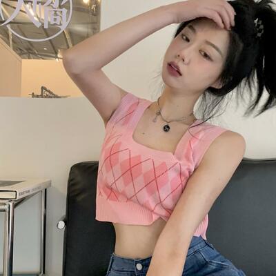 Pink argyle knit tank top