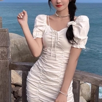 White Puff Sleeve Drawstring Ruched Mini Dress - Thumbnail 2