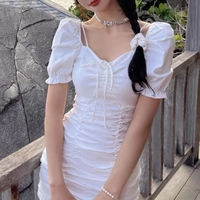 White Puff Sleeve Drawstring Ruched Mini Dress - Thumbnail 3
