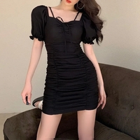 White Puff Sleeve Drawstring Ruched Mini Dress - Thumbnail 4