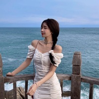 White Puff Sleeve Drawstring Ruched Mini Dress - Thumbnail 6