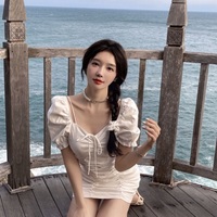 White Puff Sleeve Drawstring Ruched Mini Dress - Thumbnail 7