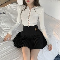 White Pleated D Metal Plate High Waist Mini Skirt  - Thumbnail 8