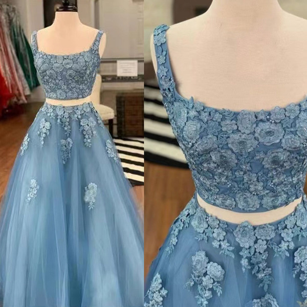 Two Piece Dusty Blue Prom Dresses with Flowers Lace