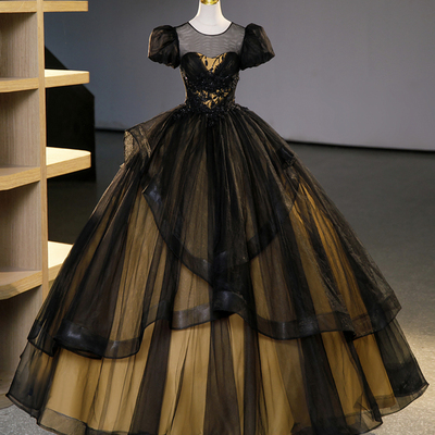 Black tulle lace long prom dresses, black short sleeve evening dresses - Thumbnail 2