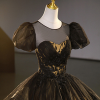 Black Tulle Lace Long Prom Dresses, Black Short Sleeve Evening Dresses - Thumbnail 1