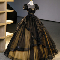 Black Tulle Lace Long Prom Dresses, Black Short Sleeve Evening Dresses - Thumbnail 2