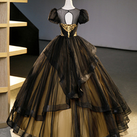 Black Tulle Lace Long Prom Dresses, Black Short Sleeve Evening Dresses - Thumbnail 3