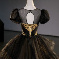 Black Tulle Lace Long Prom Dresses, Black Short Sleeve Evening Dresses - Thumbnail 4