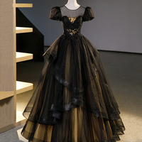 Black Tulle Lace Long Prom Dresses, Black Short Sleeve Evening Dresses - Thumbnail 5