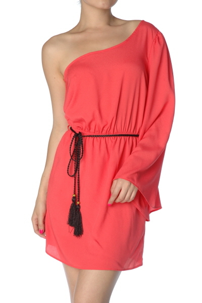 One Shoulder Dress-Coral