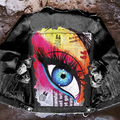 Big eyes denim jacket hip hop fashion print ladies jacket