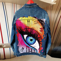 Big Eyes Denim Jacket Hip Hop Fashion Print Ladies Jacket - Thumbnail 2