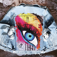 Big Eyes Denim Jacket Hip Hop Fashion Print Ladies Jacket - Thumbnail 4