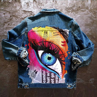 Big Eyes Denim Jacket Hip Hop Fashion Print Ladies Jacket - Thumbnail 5