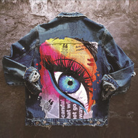 Big Eyes Denim Jacket Hip Hop Fashion Print Ladies Jacket - Thumbnail 9