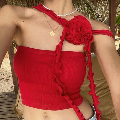 Flower criss cross halter sleeveless vest top - Thumbnail 1