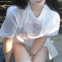 Kitty Cat Anime Rhinestone Short Sleeve T-shirt  - Thumbnail 1