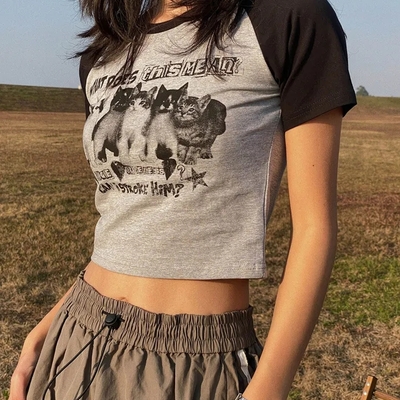 Cat print crop short sleeve t-shirt 