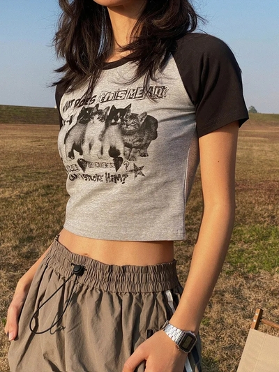 Cat Print Crop Short Sleeve T-shirt 