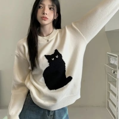 Black cat print long sleeve sweater  - Thumbnail 5