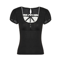 Vintage Bow Ruffle Patchwork Short Sleeve Shirt - Thumbnail 5