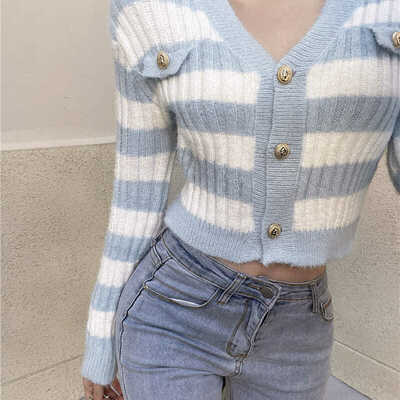 Blue & white stripe gold button sweater 