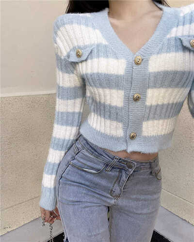 Blue & White Stripe Gold Button Sweater 