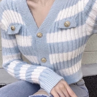 Blue & White Stripe Gold Button Sweater  - Thumbnail 2