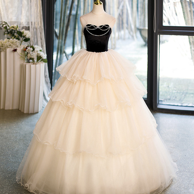 Champagne strapless tulle long prom dress - Thumbnail 1