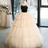 Champagne Strapless Tulle Long Prom Dress - Thumbnail 3