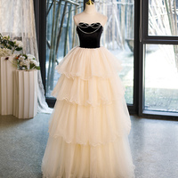 Champagne Strapless Tulle Long Prom Dress - Thumbnail 4