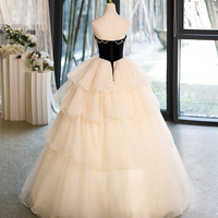 Champagne Strapless Tulle Long Prom Dress - Thumbnail 5