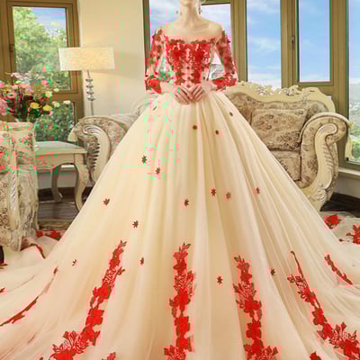 Champagne long-sleeves red appliques wedding dresses with royal train，926 - Thumbnail 2