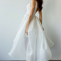 V-neckline Taffeta Short Wedding Dress with Asymmetric Hem,927 - Thumbnail 1
