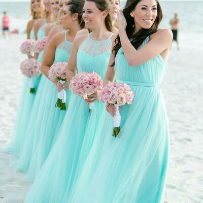 Illusion halter tulle turquoise bridesmaid dresses for beach weddings,928