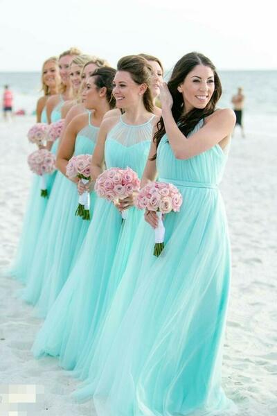 Illusion Halter Tulle Turquoise Bridesmaid Dresses for Beach Weddings,928