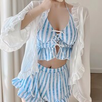Striped White Blue Pattern Women Summer Bikini Two Piece Swimsuit - Thumbnail 1