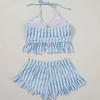 Striped White Blue Pattern Women Summer Bikini Two Piece Swimsuit - Thumbnail 6